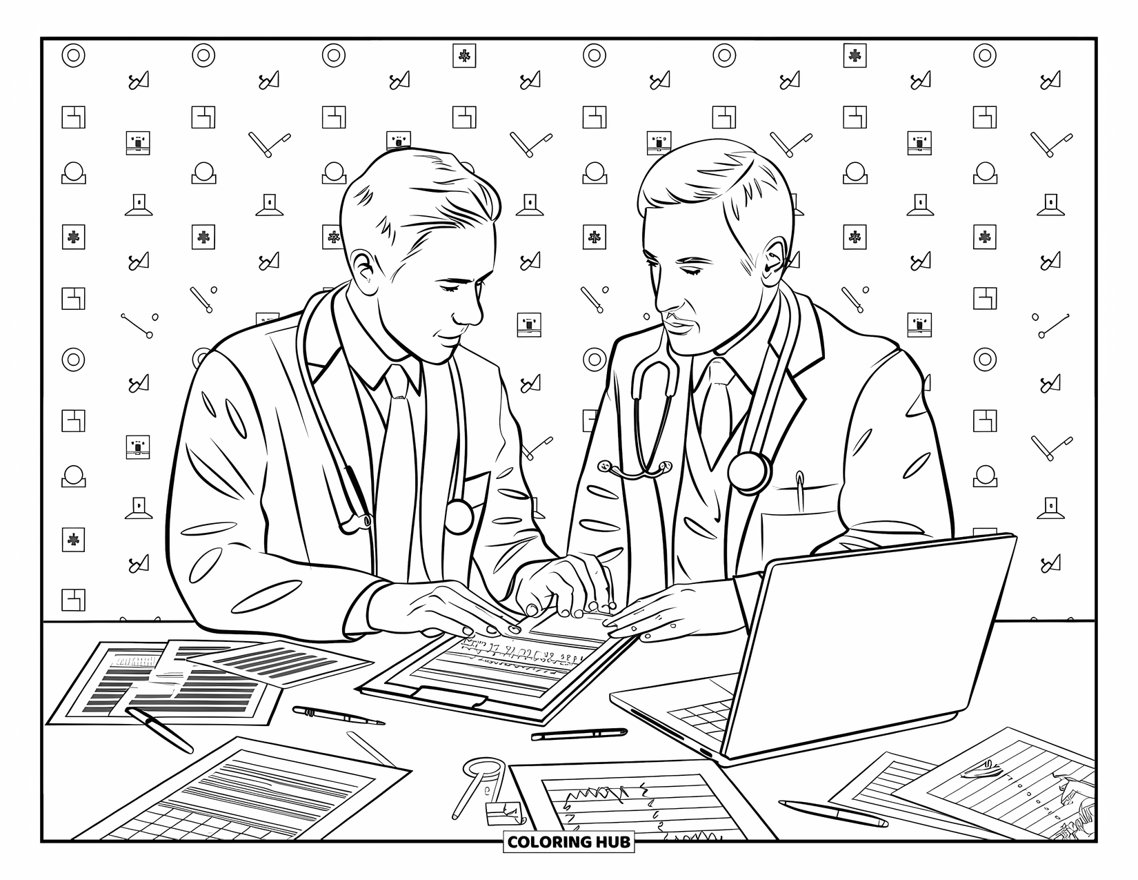Doctor Coloring Page for Adults: Two doctors review a chart at a desk covered in papers, pens, and a laptop