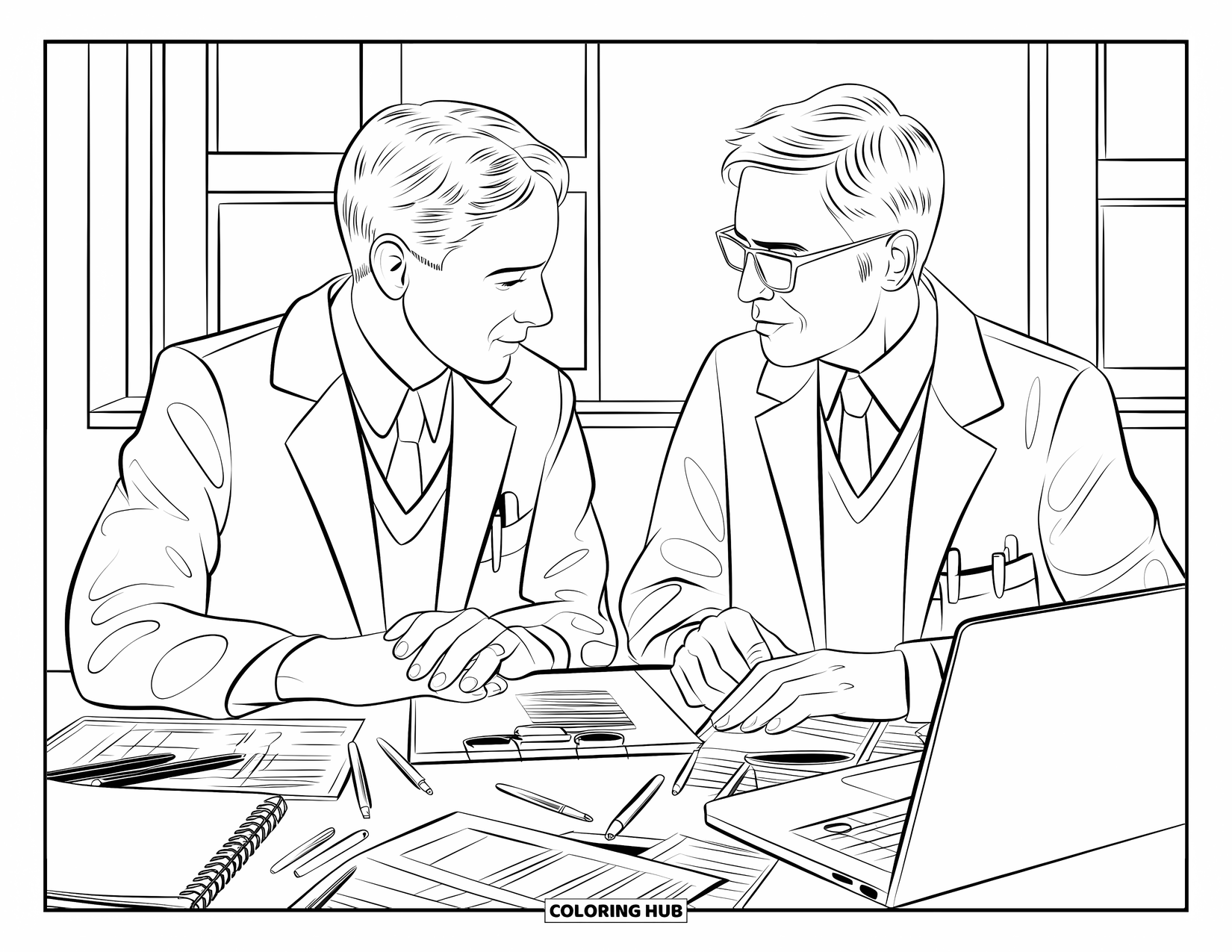 Doctor Coloring Page for Adults: Two doctors talk over a desk with an open laptop and scattered medical notes