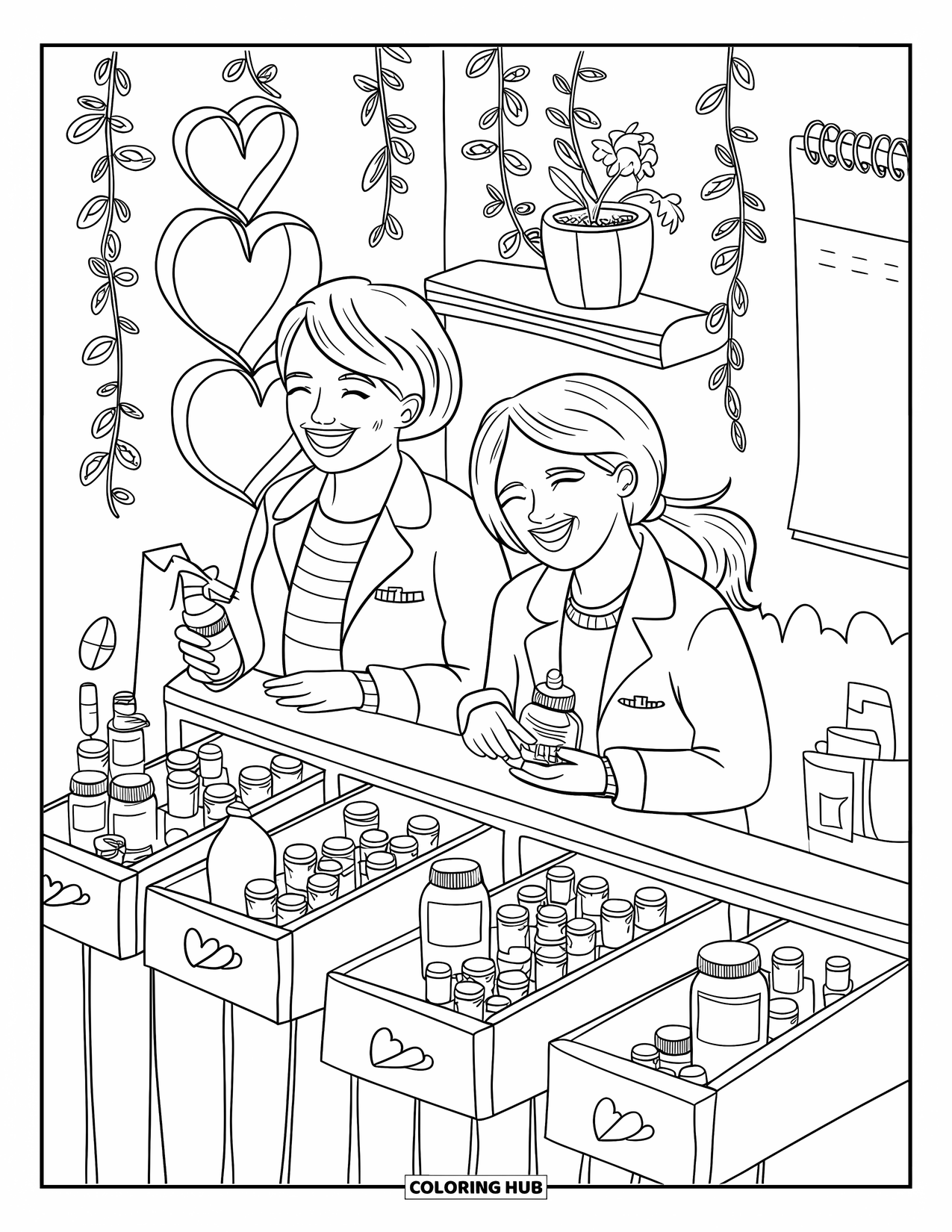 Doctor Coloring Page for Adults: Young doctors laugh while organizing pill bottles in a warm space with hearts and vines