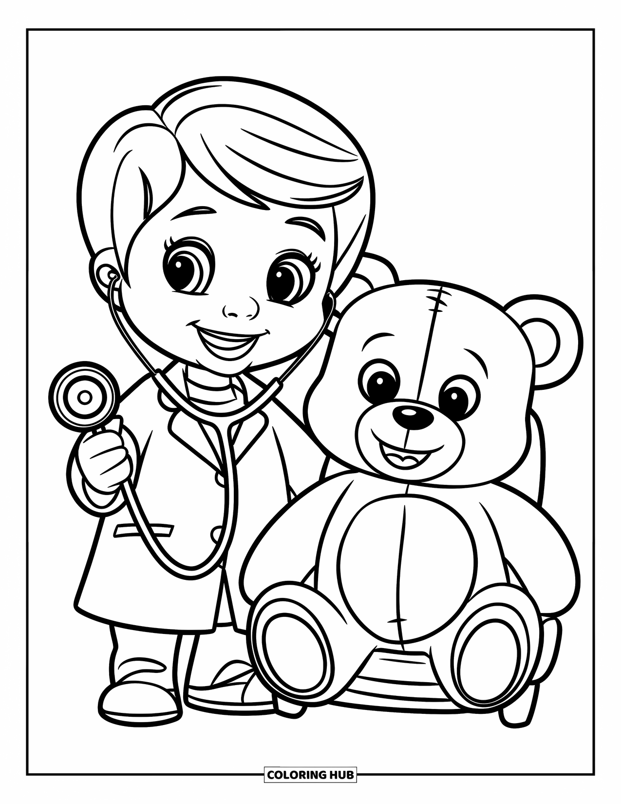 Doctor Coloring Page for Kids: A cheerful doctor stands by a grinning teddy bear in a coat