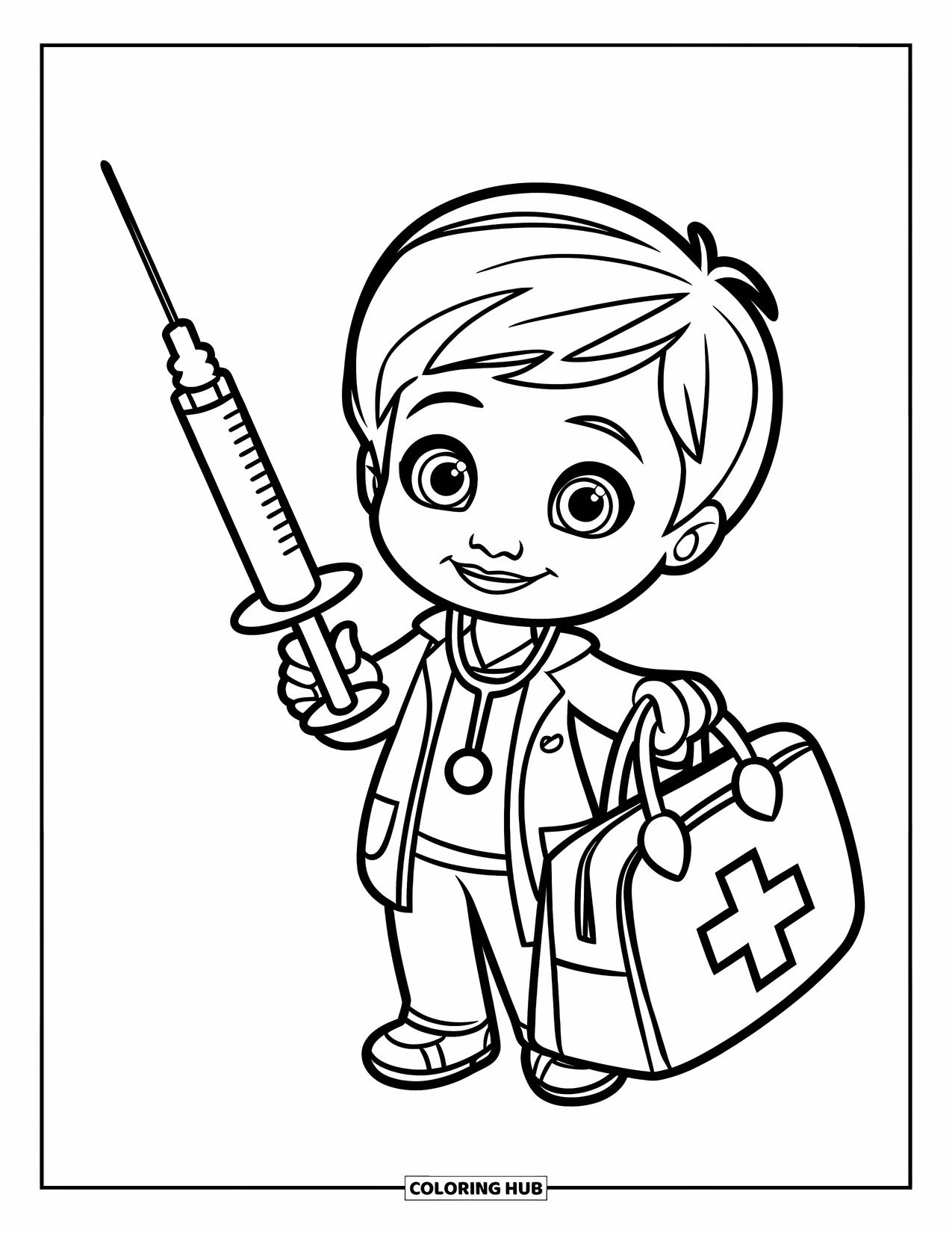 Doctor Coloring Page for Kids: A child doctor holds a big syringe with a smiling medical bag by their side