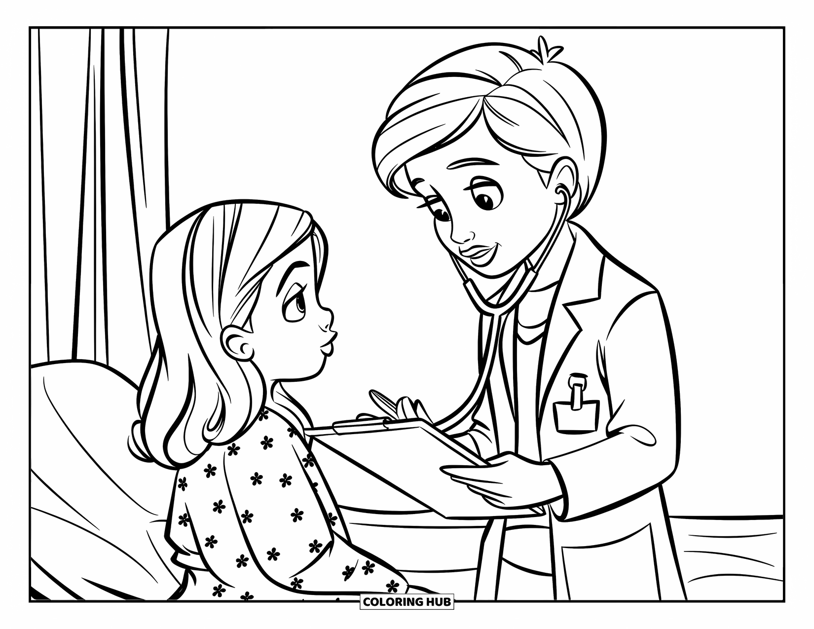 Doctor Coloring Page for Kids: A child doctor talks to a seated patient near a hospital bed and curtain