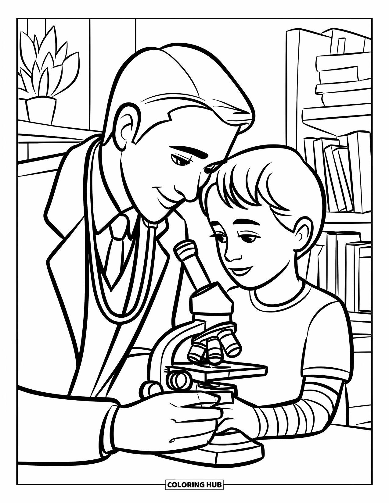 Doctor Coloring Page for Kids: A child with a cast joins a doctor to explore a microscope near books and plants