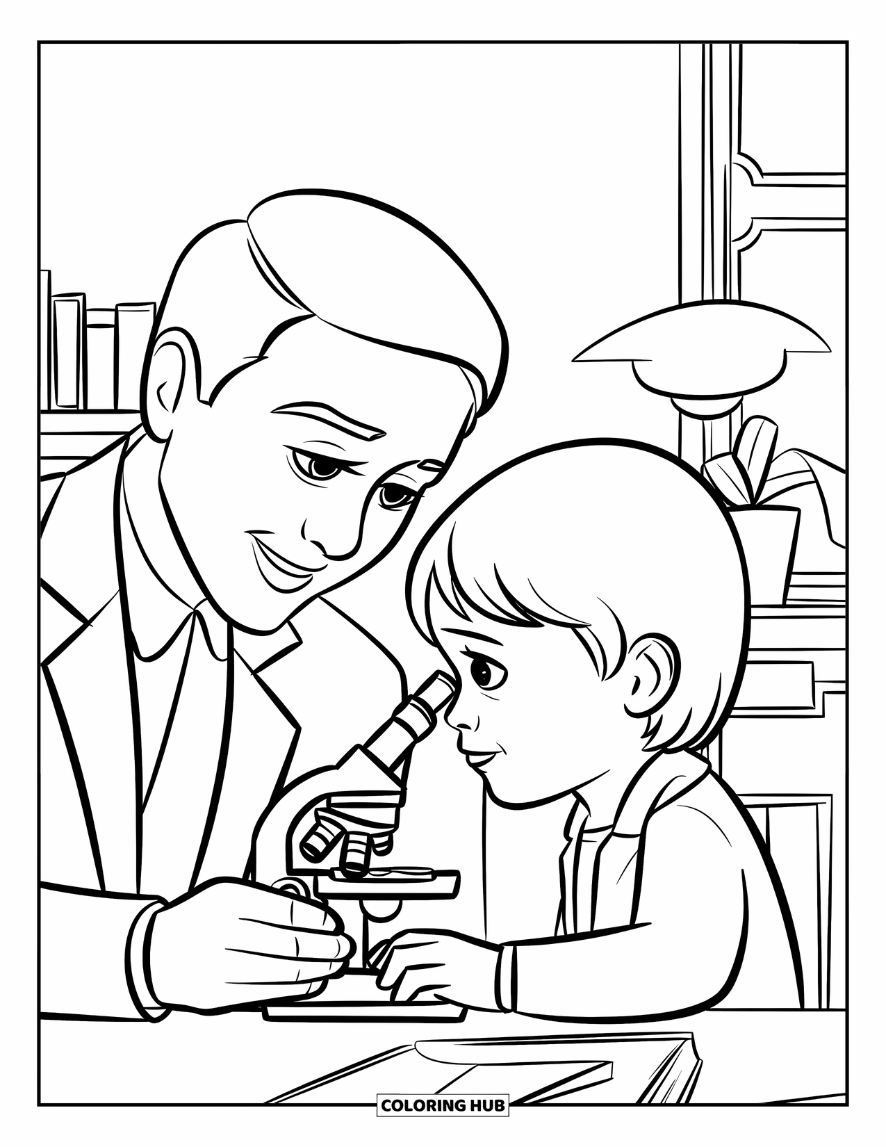 Doctor Coloring Page for Kids: A doctor and child share a moment looking into a microscope near cozy little touches