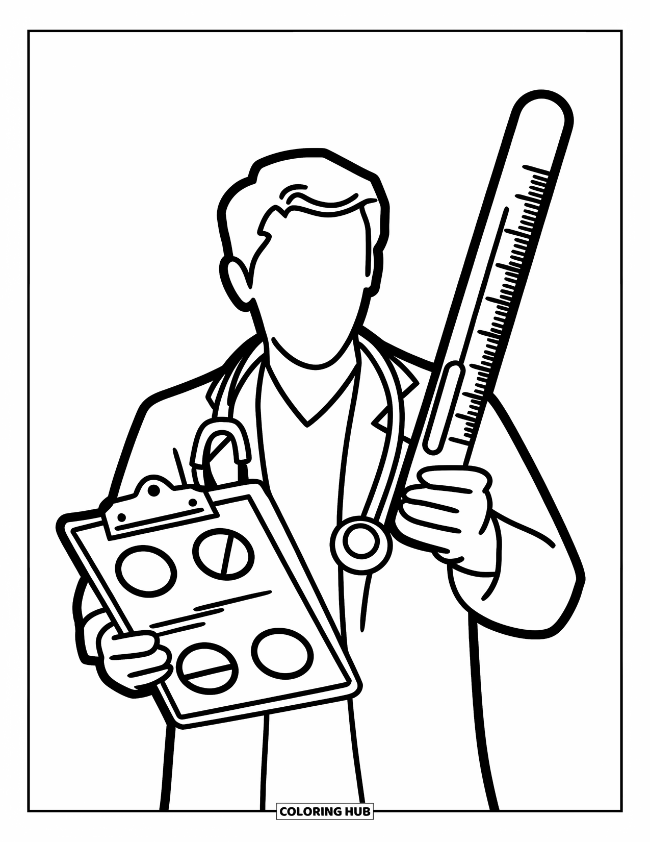 Doctor Coloring Page for Kids: A doctor checks notes with circles while holding a large thermometer