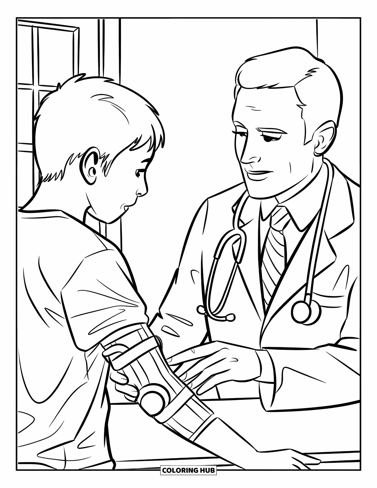 Doctor Coloring Page for Kids: A doctor examines a teen's arm brace while speaking gently in a quiet room