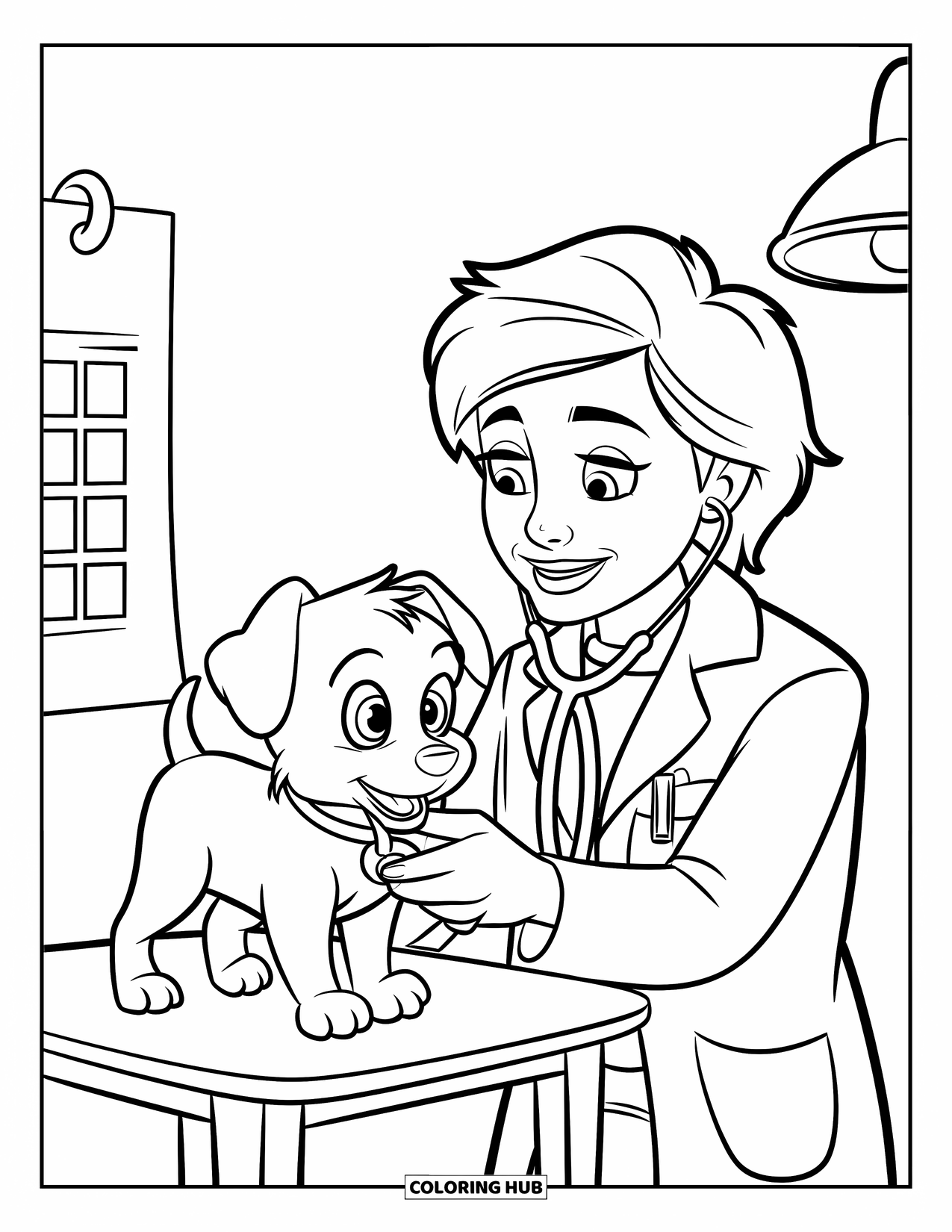 Doctor Coloring Page for Kids: A doctor gives a check-up to a wide-eyed puppy near a lamp and calendar