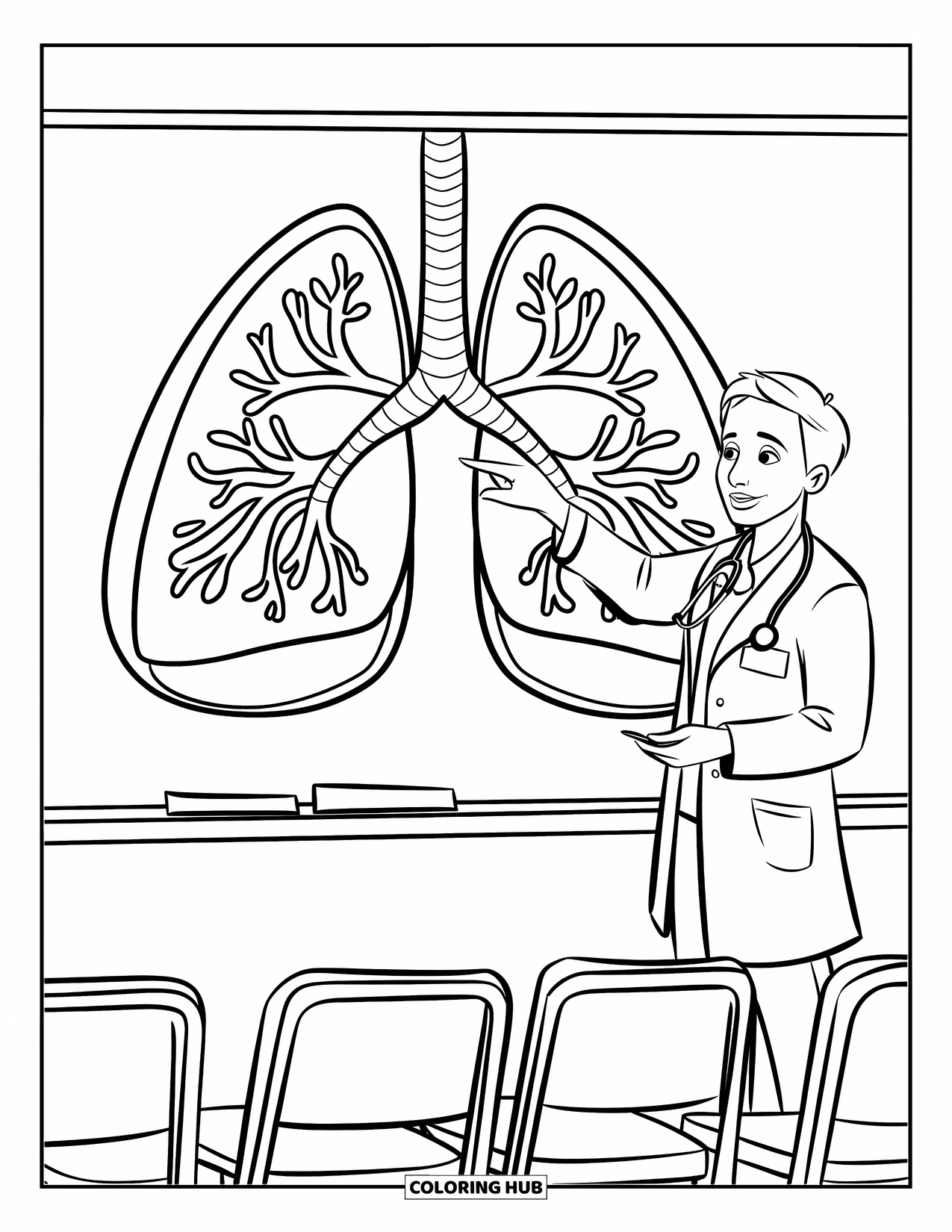 Doctor Coloring Page for Kids: A doctor gives a health talk, pointing at a lung diagram on a classroom wall