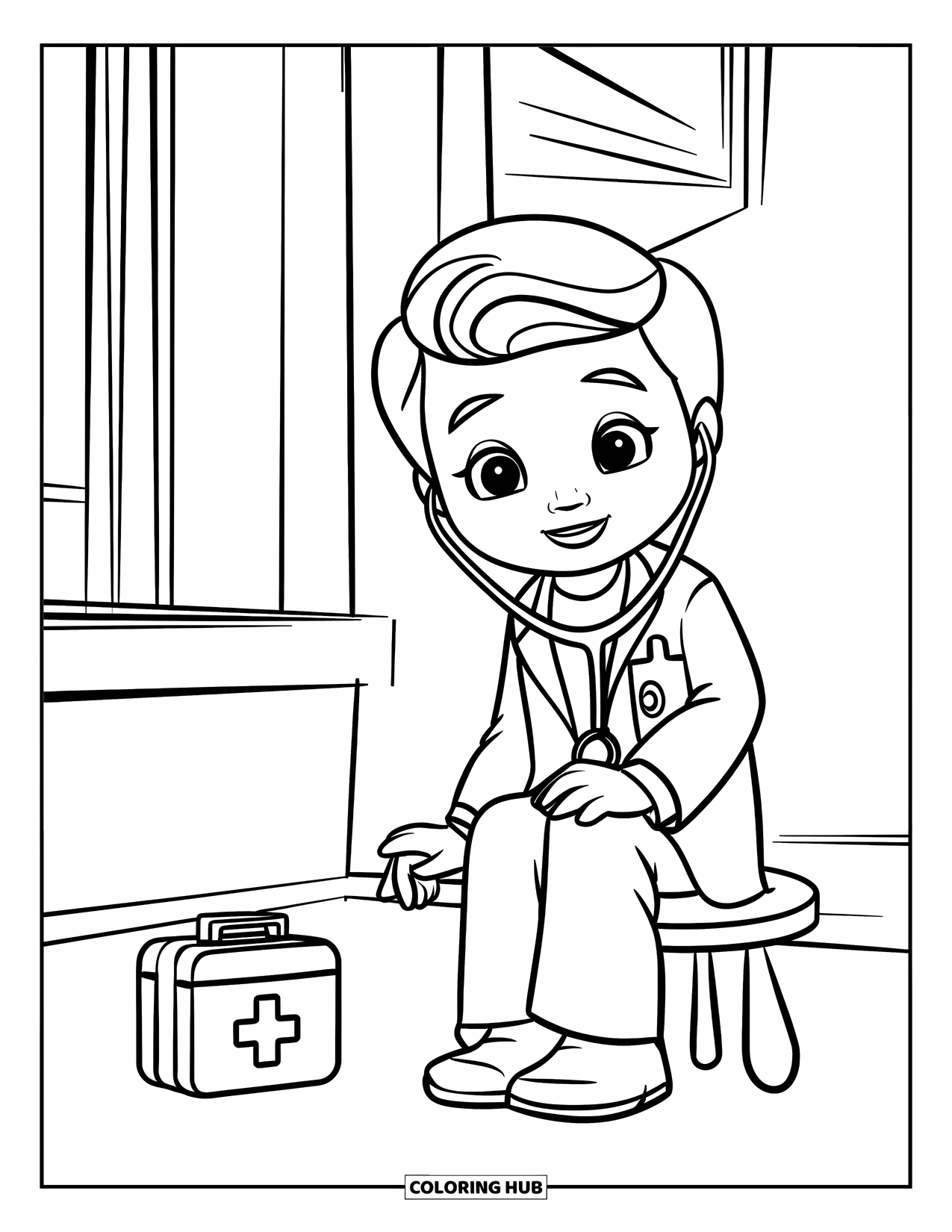 Doctor Coloring Page for Kids: A doctor on a stool rests beside a small first aid box near a bright window