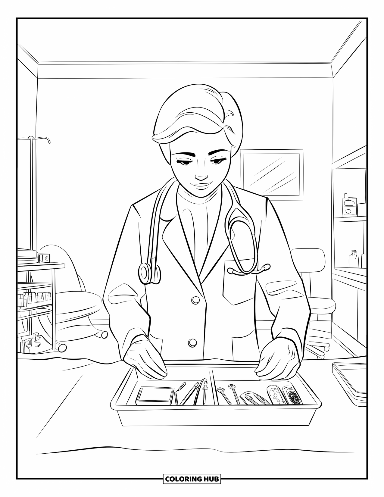 Doctor Coloring Page for Kids: A doctor prepares a tray with tools in a quiet clinic room with a shelf and chair