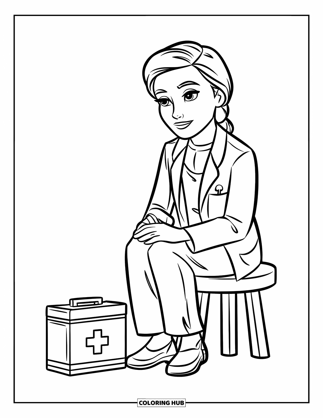 Doctor Coloring Page for Kids: A doctor relaxes next to a little first aid box on a calm day