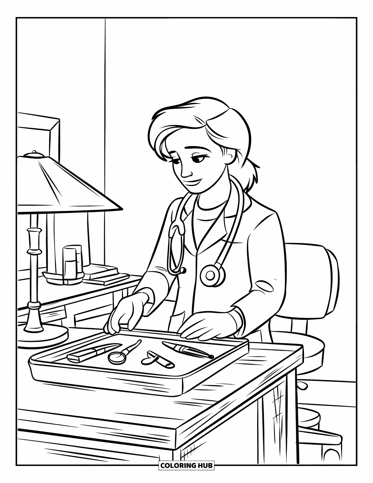 Doctor Coloring Page for Kids: A doctor sets up a tray of instruments on a wooden table in a small clinic room