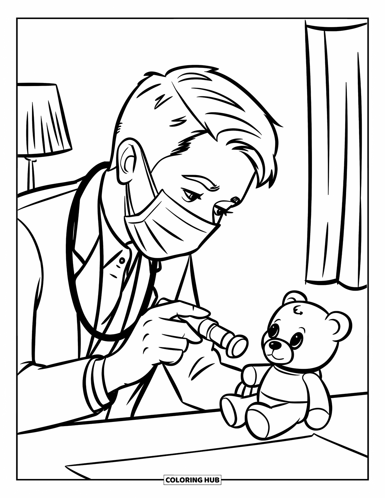 Doctor Coloring Page for Kids: A doctor shines a light on a toy bear while standing near a lamp and curtain