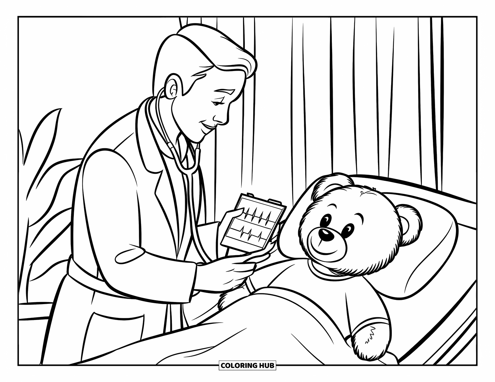 Doctor Coloring Page for Kids: A doctor shows a chart to a teddy bear in bed, near a curtain and plant