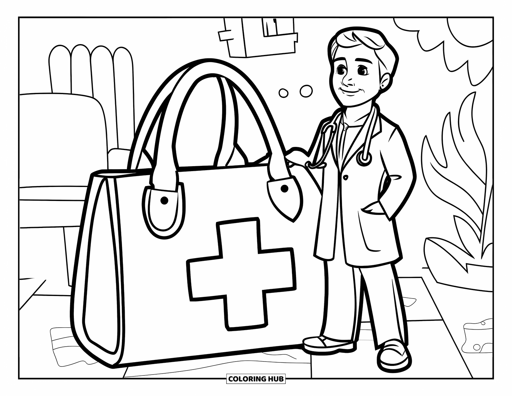 Doctor Coloring Page for Kids: A doctor stands near a big medical bag with a cross, next to a plant and chair
