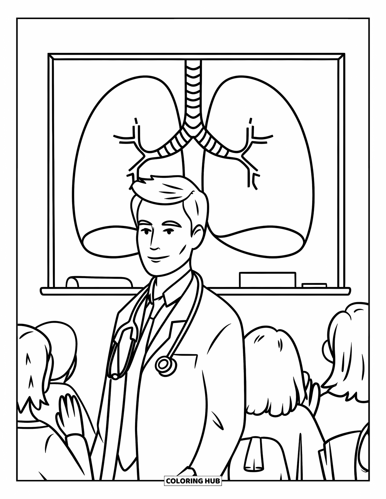 Doctor Coloring Page for Kids: A doctor teaches students by pointing to a lung diagram on a classroom whiteboard