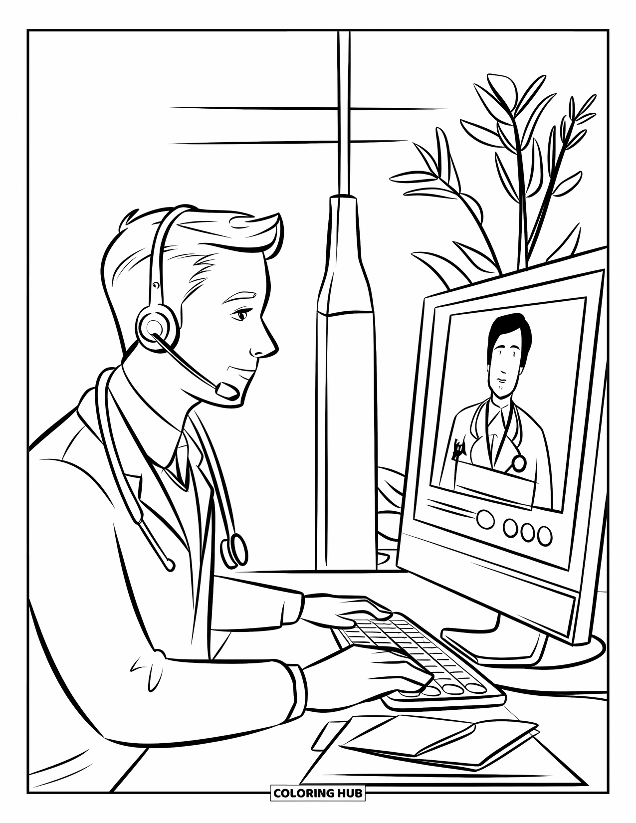 Doctor Coloring Page for Kids: A doctor with a headset chats on a video call beside a plant and clean white wall