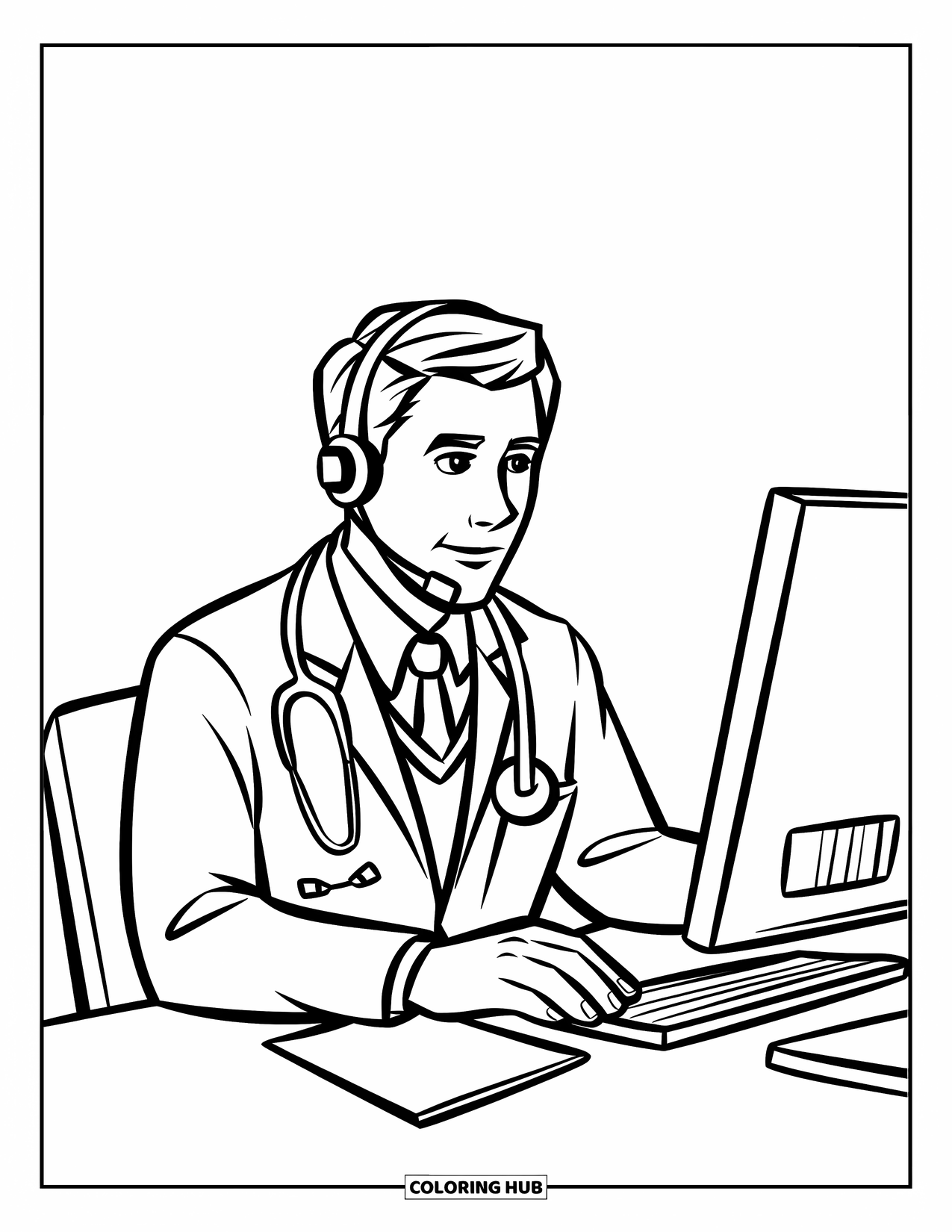 Doctor Coloring Page for Kids: A doctor with a headset takes notes at a desk during a video call
