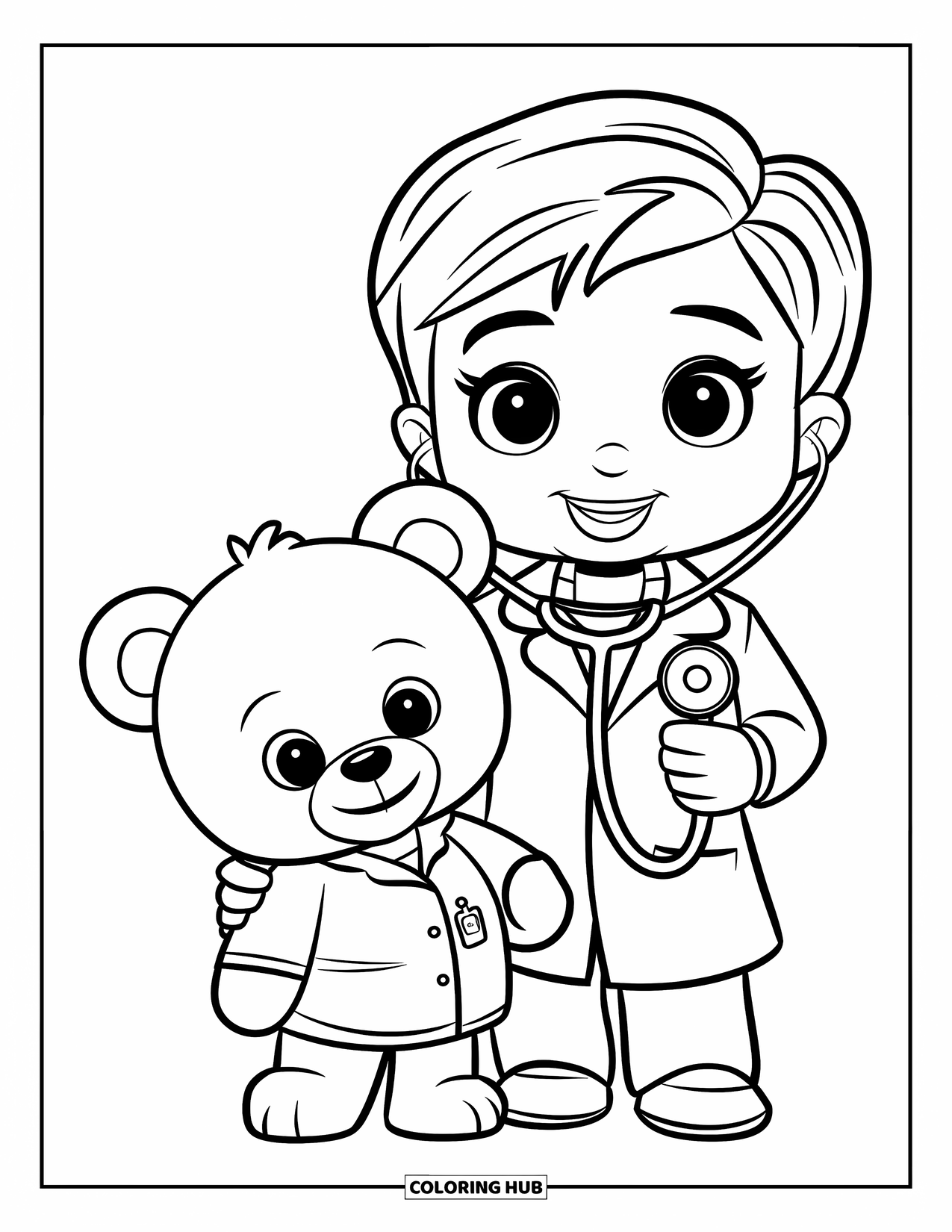 Doctor Coloring Page for Kids: A doctor with a stethoscope stands beside a teddy bear dressed like a tiny doctor