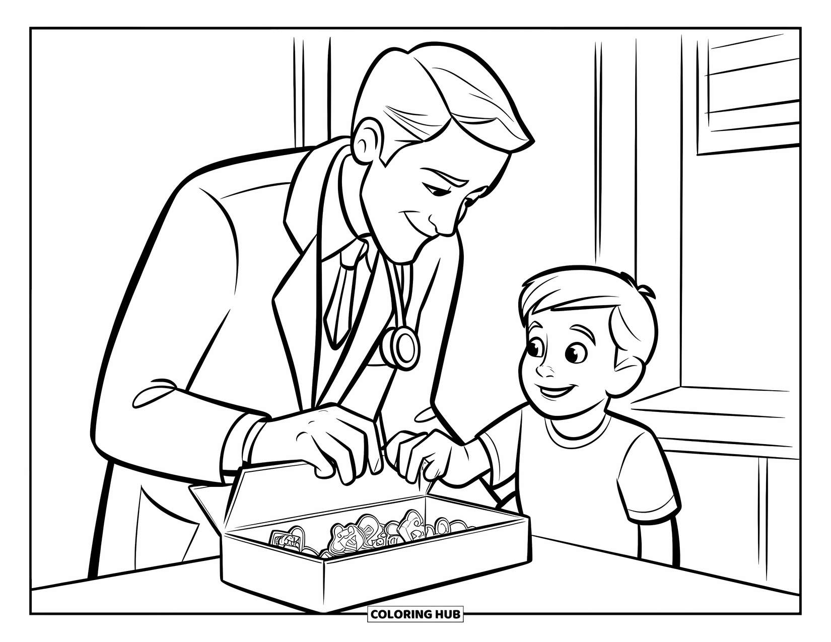 Doctor Coloring Page for Kids: A happy kid chooses a sticker as the doctor watches kindly after their checkup