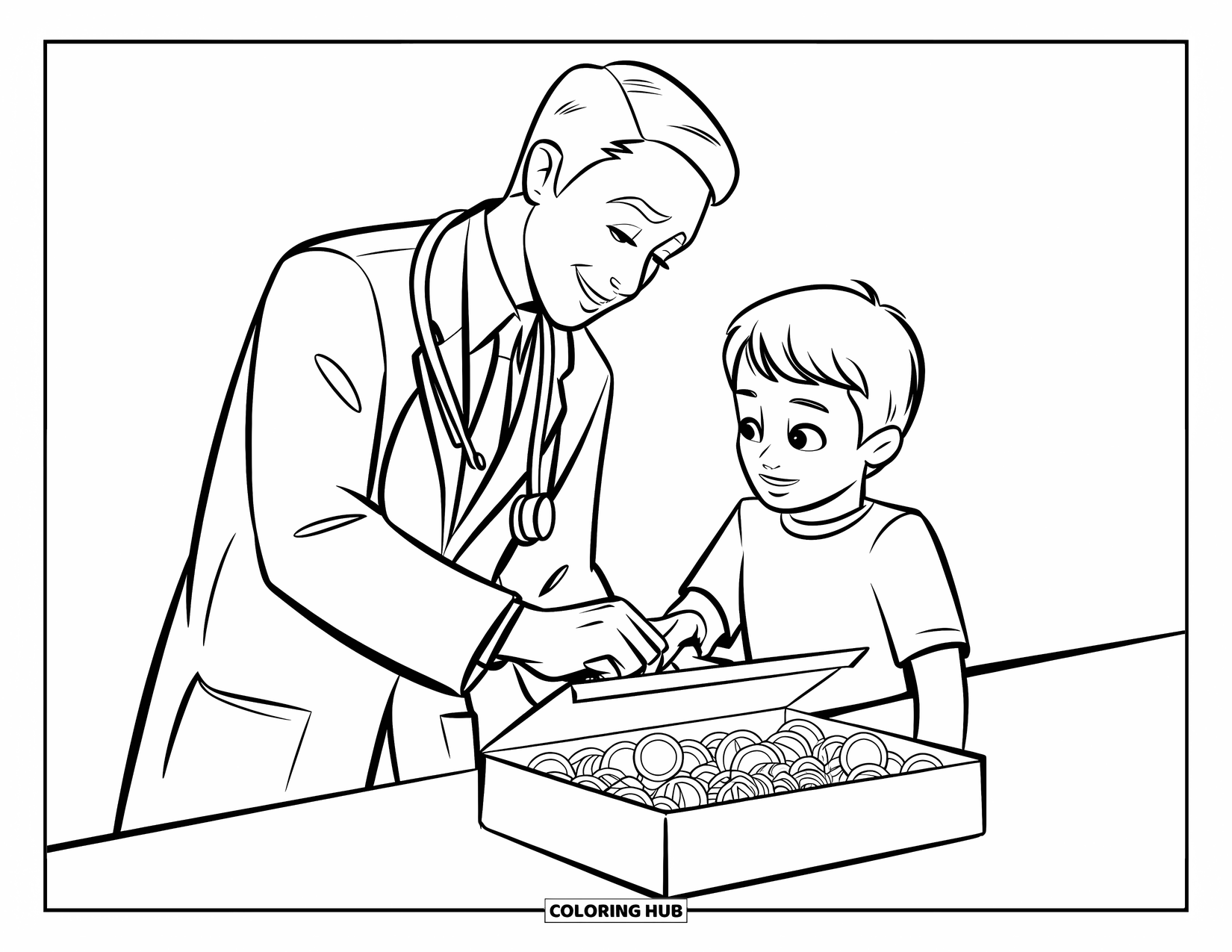Doctor Coloring Page for Kids: A kid picks a sticker from a reward box with help from a cheerful doctor