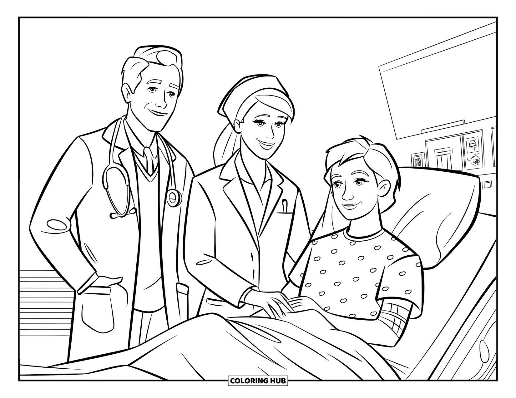 Doctor Coloring Page for Kids: A patient smiles in bed as a doctor and nurse stand nearby in a calm room