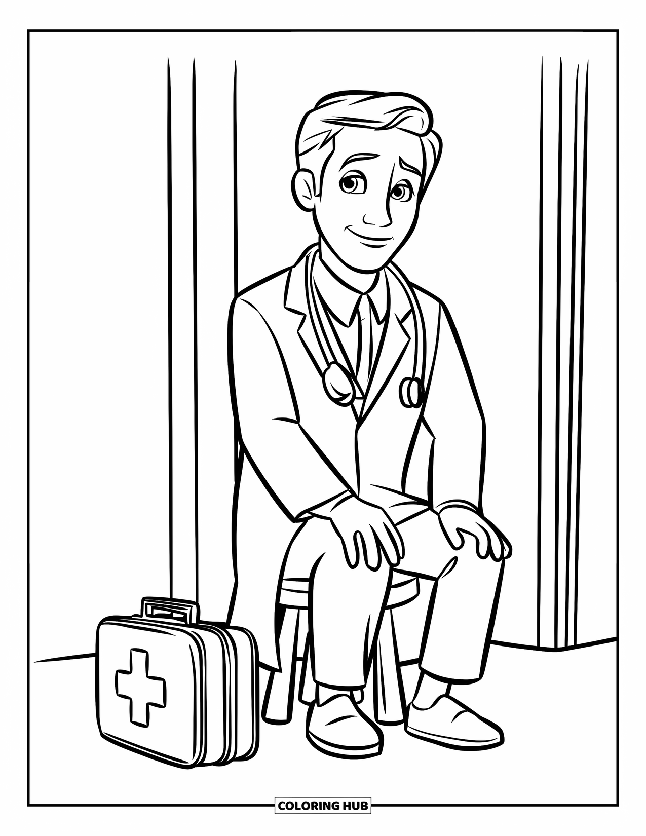 Doctor Coloring Page for Kids: A smiling doctor sits by a tiny first aid box with a helpful vibe