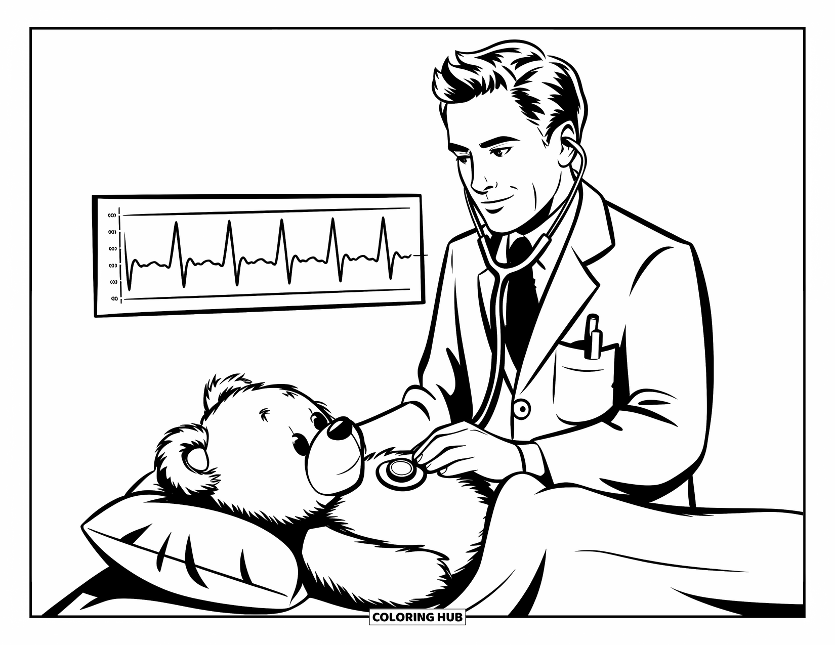Doctor Coloring Page for Kids: A teddy bear patient watches as the doctor points to a heartbeat chart
