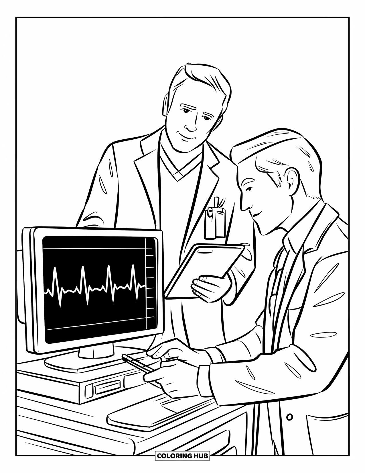 Doctor Coloring Page for Kids: One doctor checks a heartbeat monitor while another adds notes on a tablet