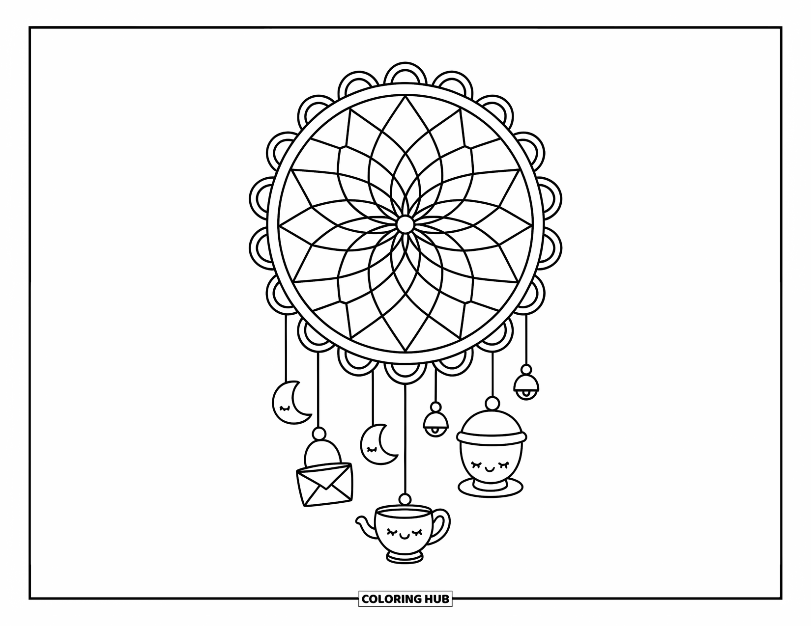 Dreamcatcher Coloring Page for Adults: A cozy hoop with a diamond web and cute hanging doodles like a moon and bow