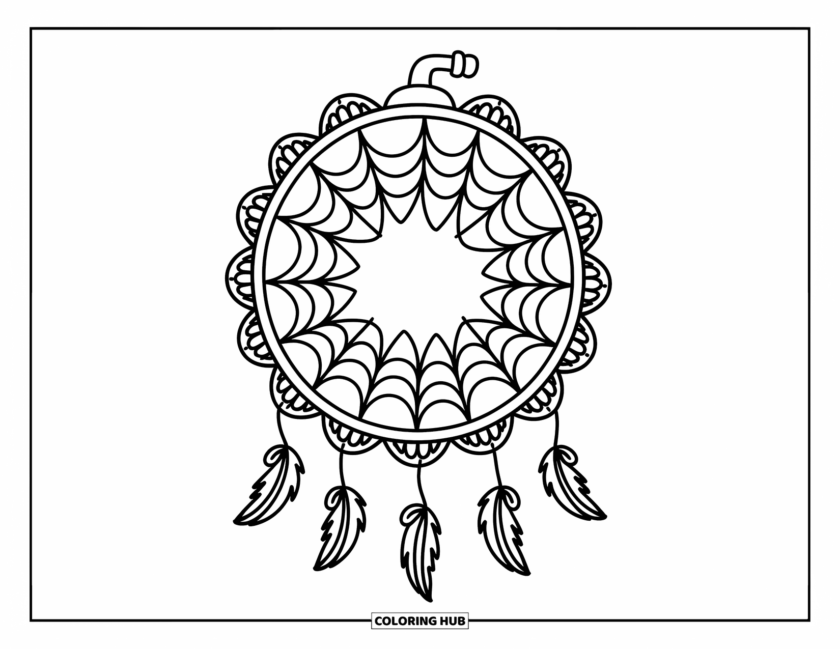 Dreamcatcher Coloring Page for Adults: A cozy web with flower-petal spirals and lacey feathers sits inside a doily-like hoop