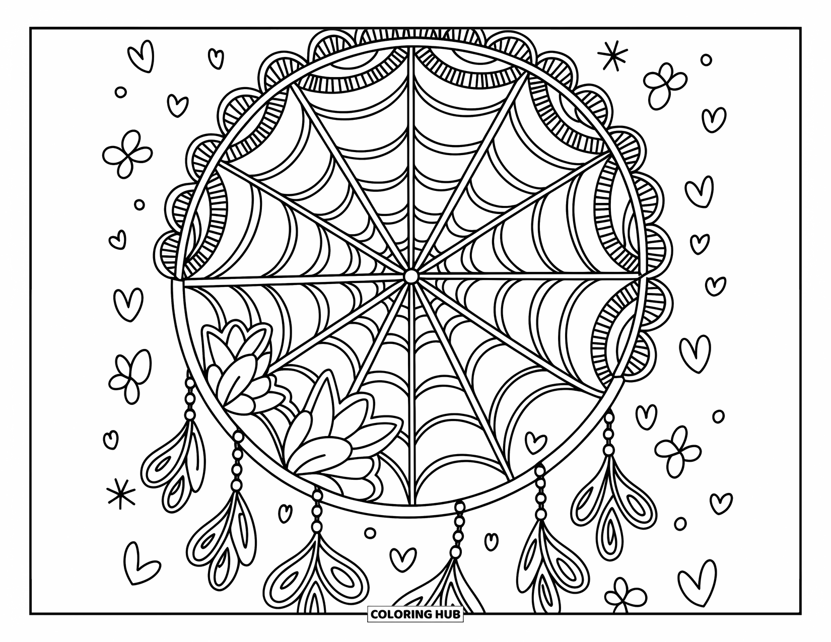 Dreamcatcher Coloring Page for Adults: A delicate web spirals inside a doily frame with short feather strands below