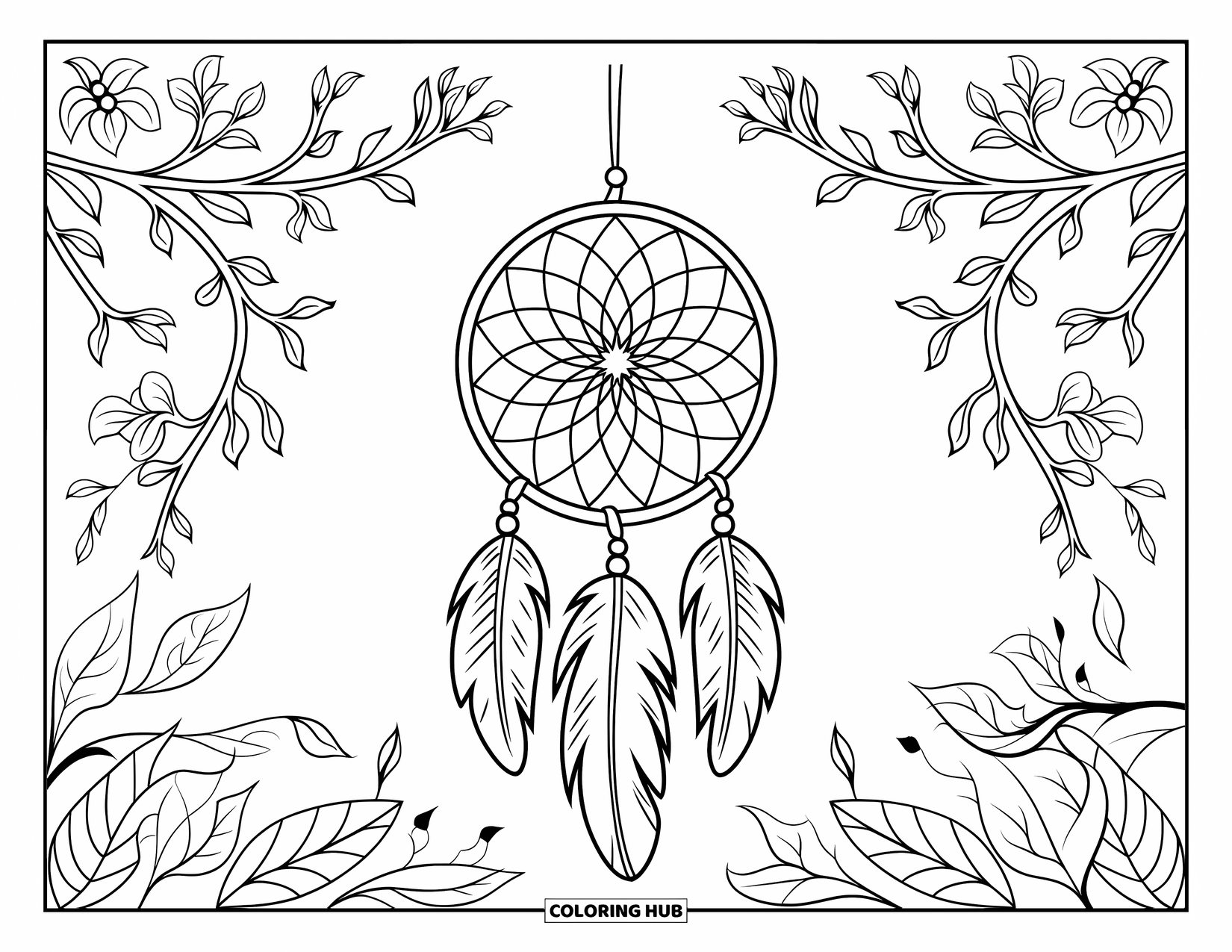 Dreamcatcher Coloring Page for Adults: A dreamcatcher with sharp webbing hangs among flowers, vines, and leafy branches