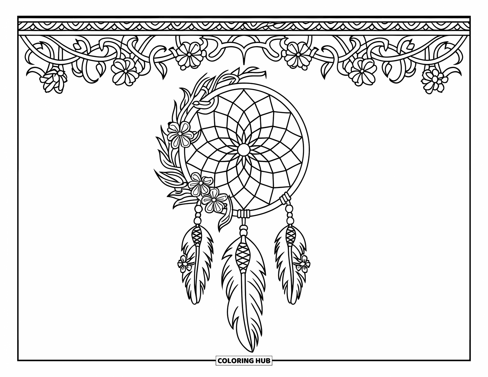 Dreamcatcher Coloring Page for Adults: A floral-framed dreamcatcher with sharp webbing sits inside an ornate vine border