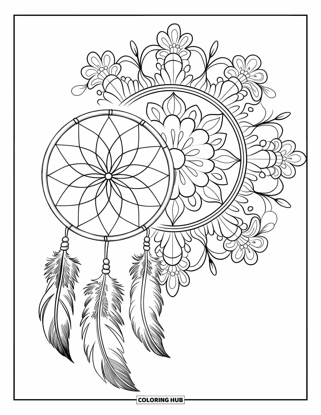 Dreamcatcher Coloring Page for Adults: A floral mandala surrounds a lace-web dreamcatcher with feathers and a cloth bag