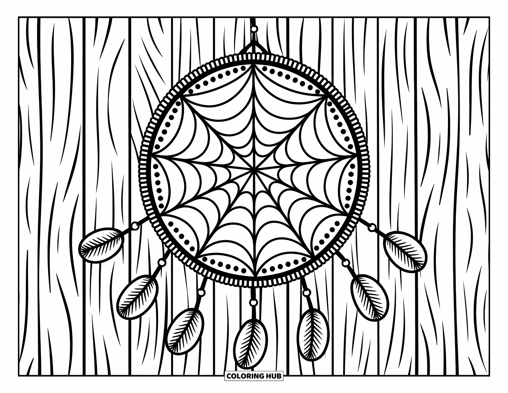 Dreamcatcher Coloring Page for Adults: A floral-style spiderweb hangs on wood with doily edges and lacey strands