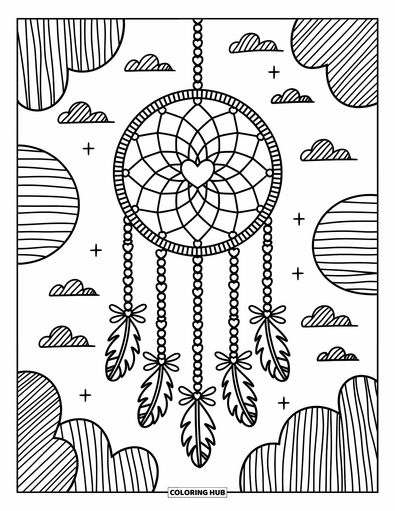 Dreamcatcher Coloring Page for Adults: A heart-web dreamcatcher with feathers and bows hangs against a soft tree-filled scene