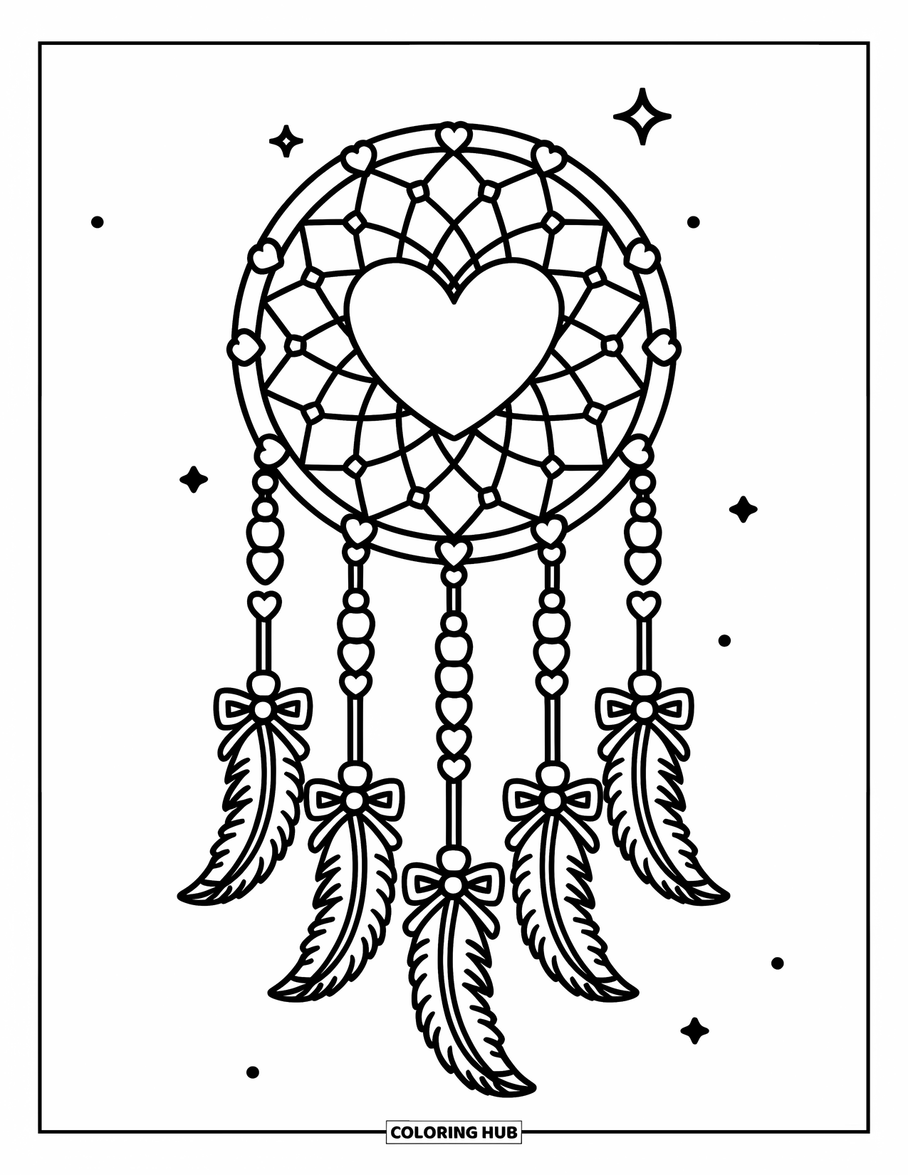 Dreamcatcher Coloring Page for Adults: A heart-webbed dreamcatcher with tiny beads and feather bows hangs cutely