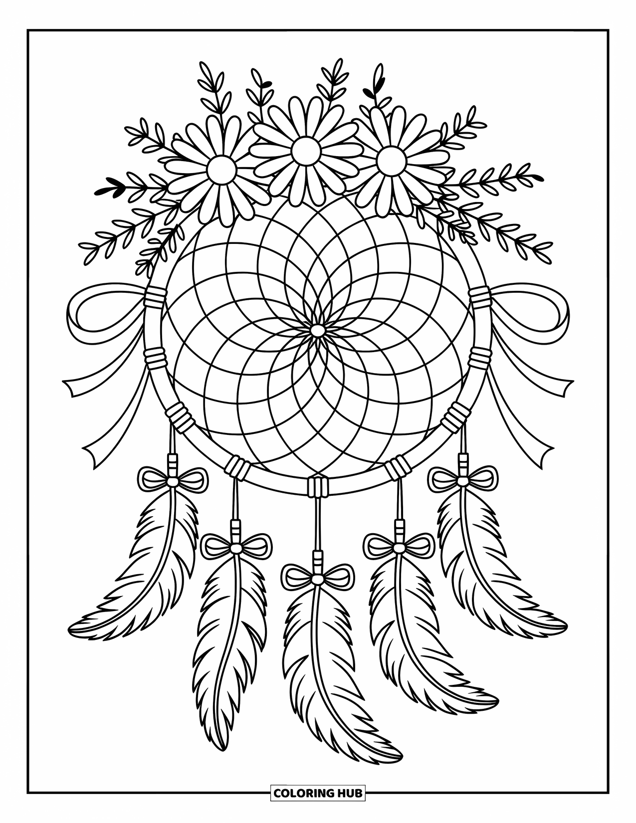 Dreamcatcher Coloring Page for Adults: A round ribbon-wrapped hoop with daisy crown and heart web hangs with feather bows
