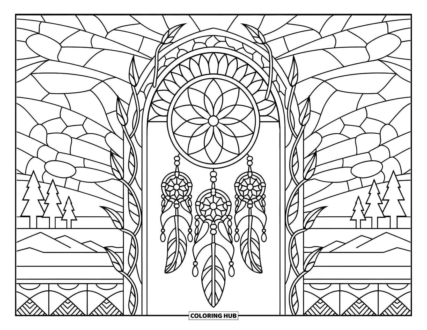 Dreamcatcher Coloring Page for Adults: A stained glass arch surrounds a dreamcatcher with petal webs and leafy details