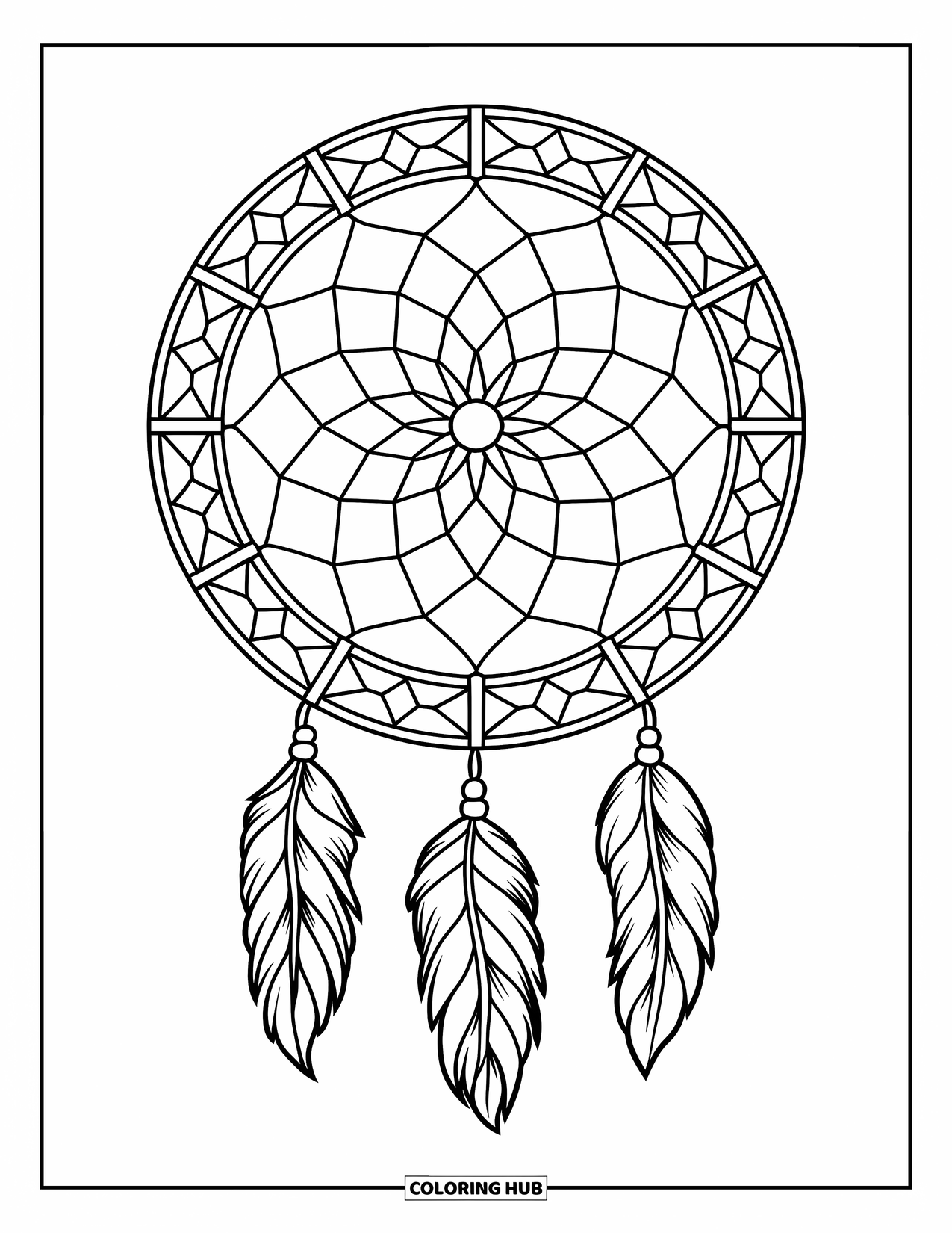 Dreamcatcher Coloring Page for Adults: A stained glass-framed dreamcatcher with a hole in the center and three tassels
