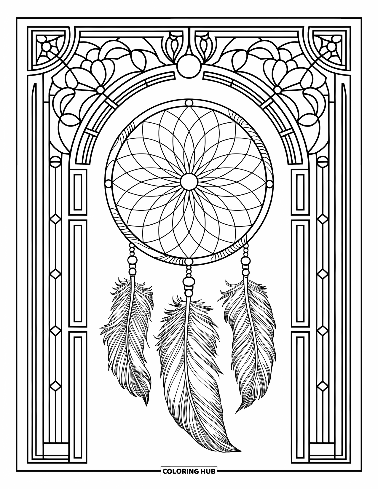 Dreamcatcher Coloring Page for Adults: An elegant feathered dreamcatcher with stained glass details and bold patterns