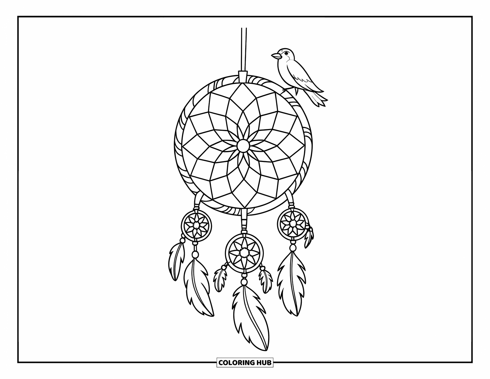 Dreamcatcher Coloring Page for Kids: A bird sits on a floral dreamcatcher with dangling ribbon shapes