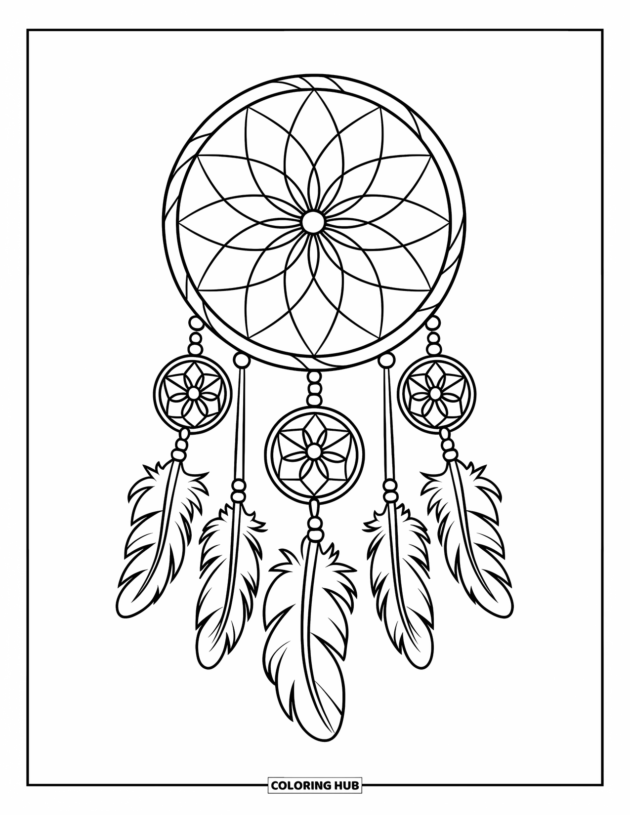 Dreamcatcher Coloring Page for Kids: A cleanly drawn dreamcatcher with feather lines and beads fills the white space