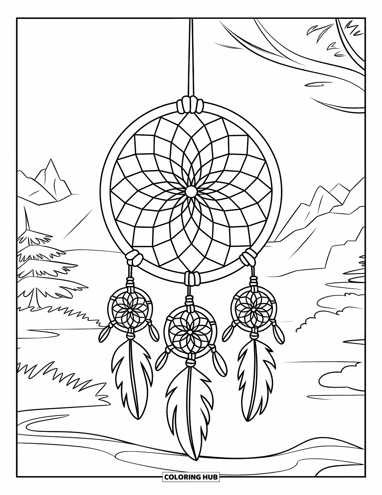 Dreamcatcher Coloring Page for Kids: A detailed dreamcatcher hangs from a branch in a quiet mountain landscape