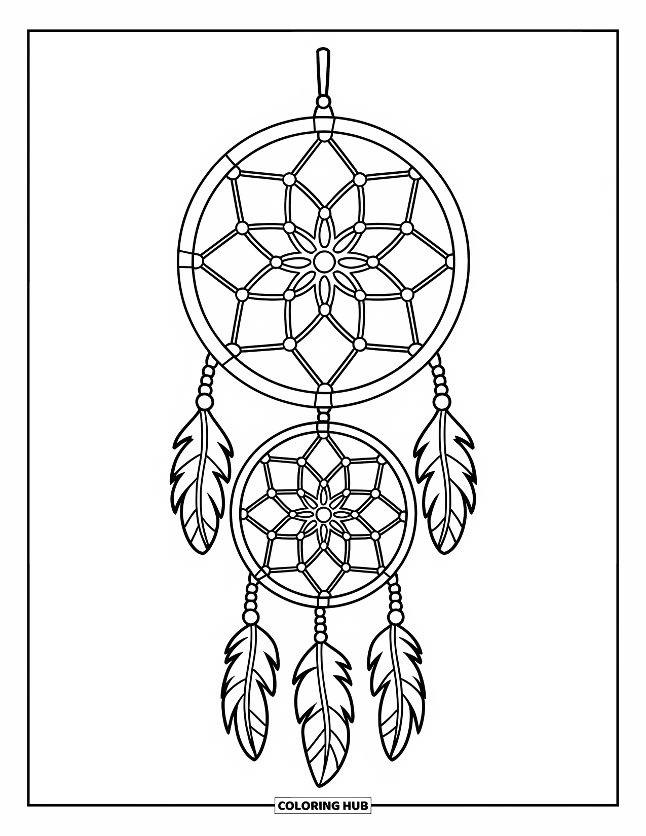 Dreamcatcher Coloring Page for Kids: A double-hoop dreamcatcher with intricate webs and simple dangles hangs from a stick
