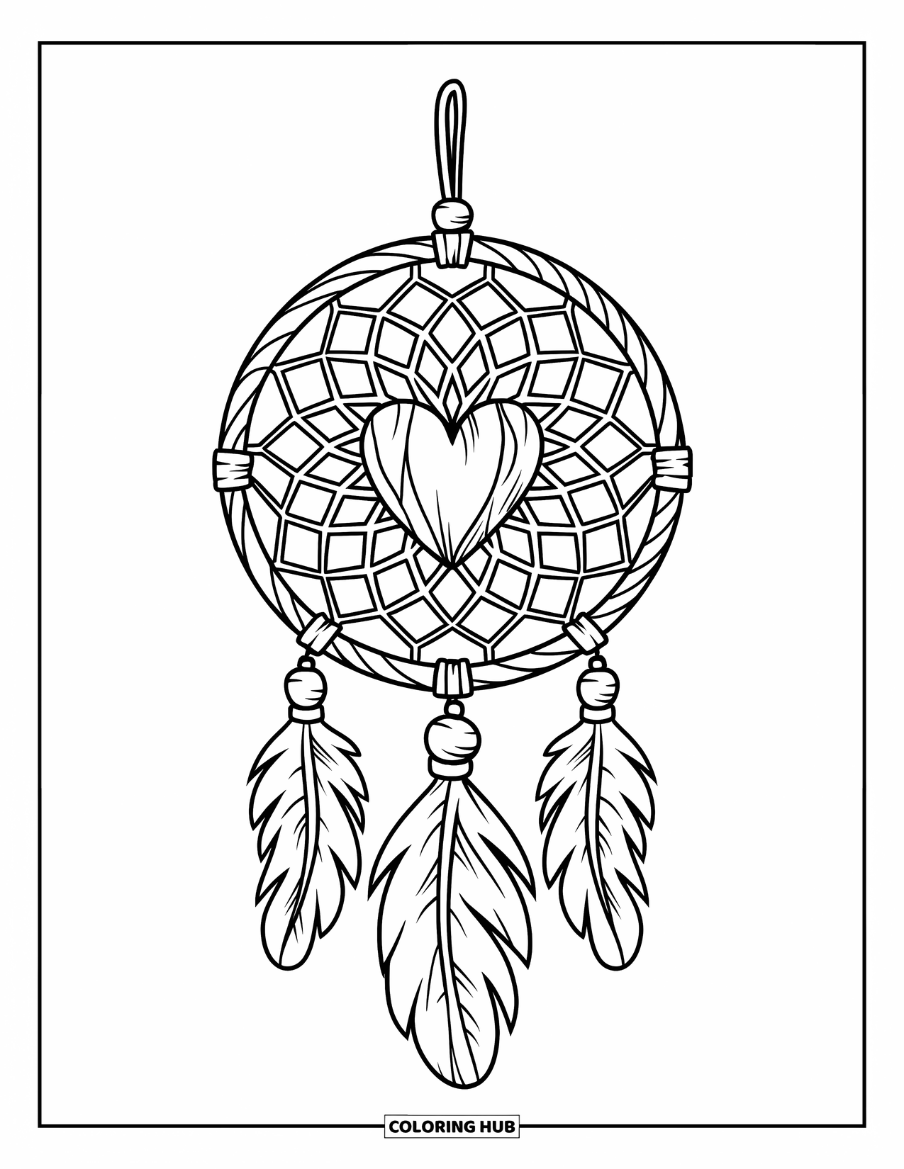 Dreamcatcher Coloring Page for Kids: A dreamcatcher with a heart center and looped ribbons made of wood hangs from a hoop