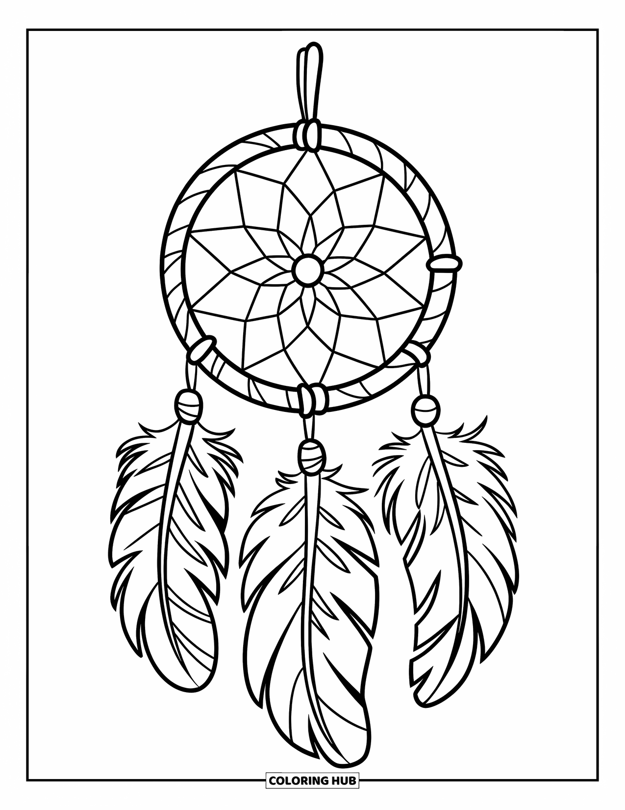 Dreamcatcher Coloring Page for Kids: A dreamcatcher with soft edges, oval feathers, and bold threads hangs from a stick