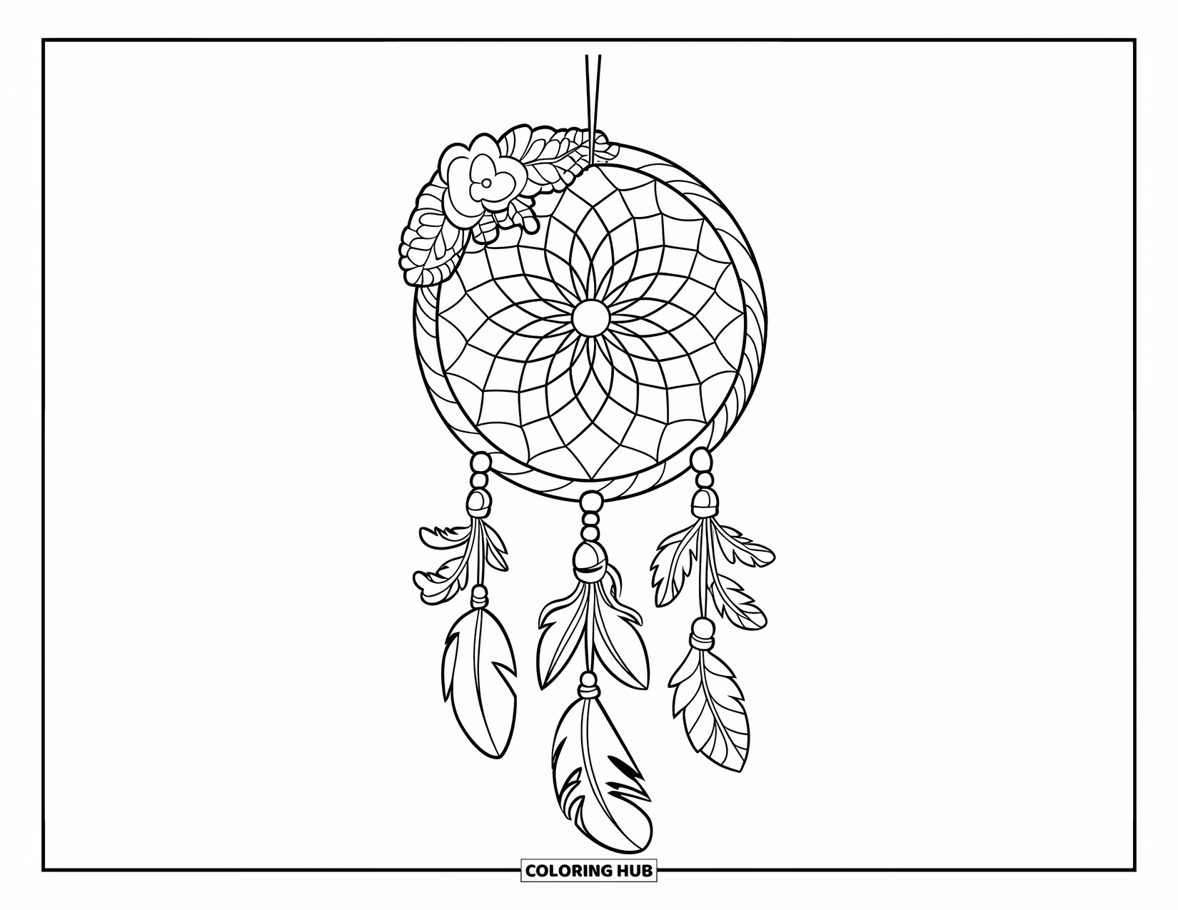 Dreamcatcher Coloring Page for Kids: A floral dreamcatcher with ribbon dangles hangs from a wooden stick