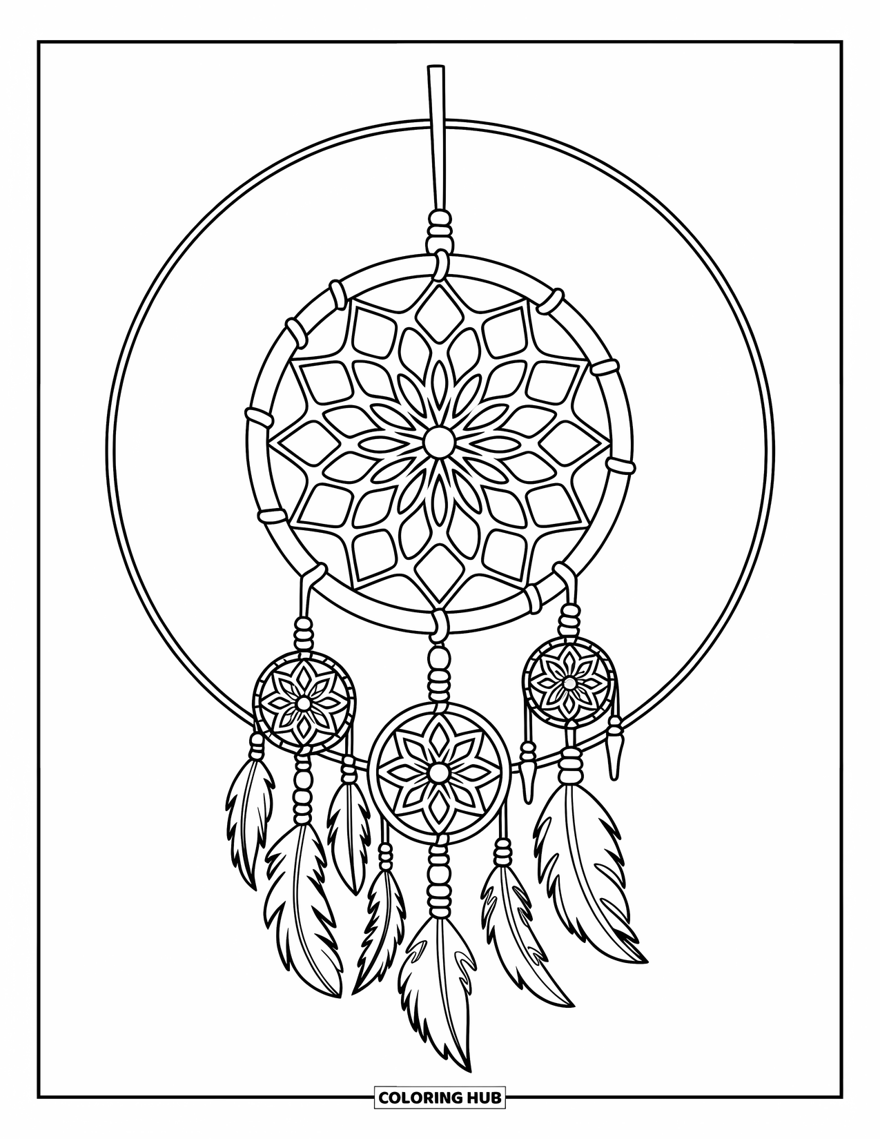 Dreamcatcher Coloring Page for Kids: A floral-web dreamcatcher with beaded threads dangles from a branch in a white circle